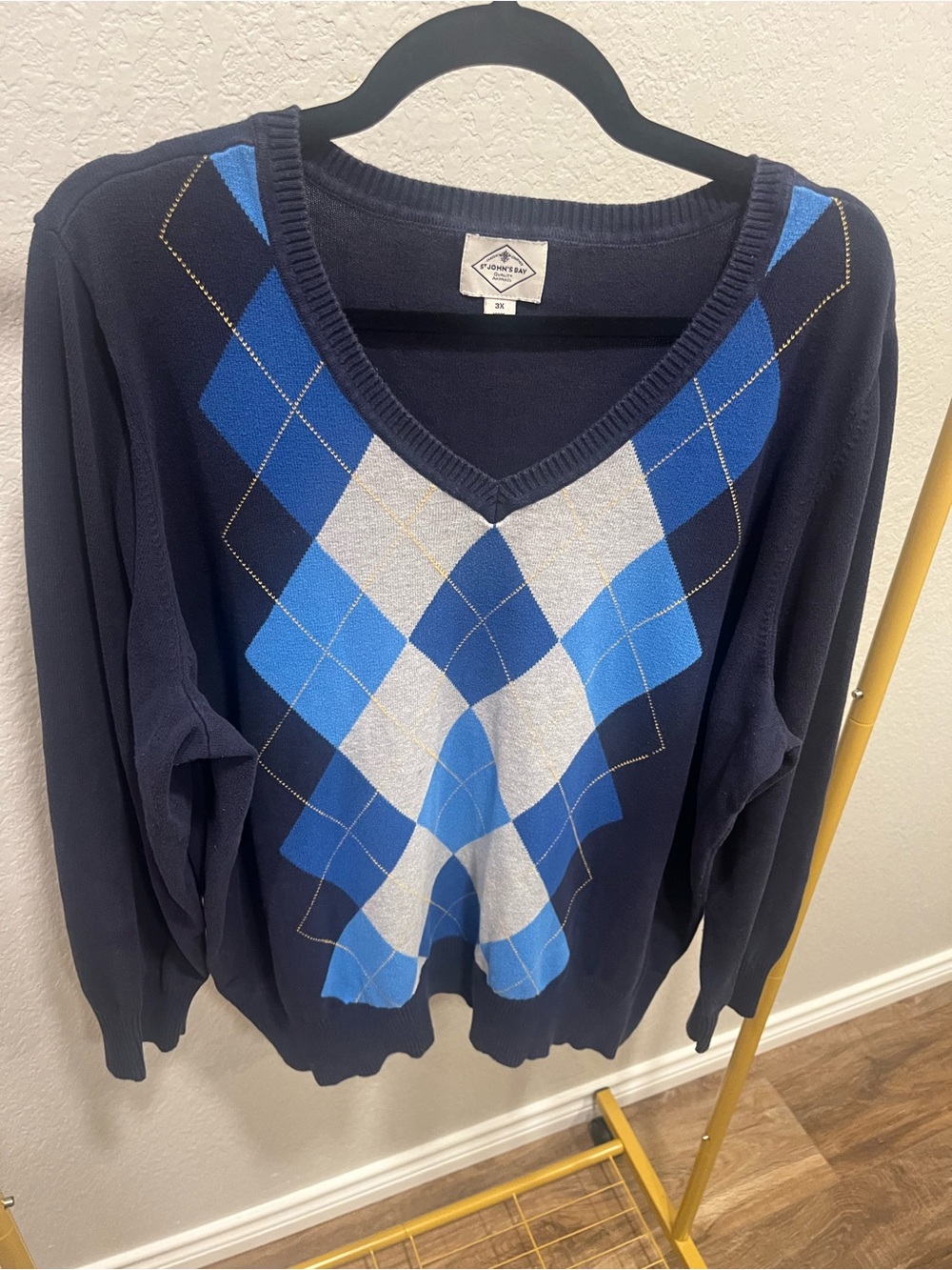 St. John’s Bay Argyle V-Neck Sweater Women’s 3X Navy Blue 100% Cotton
